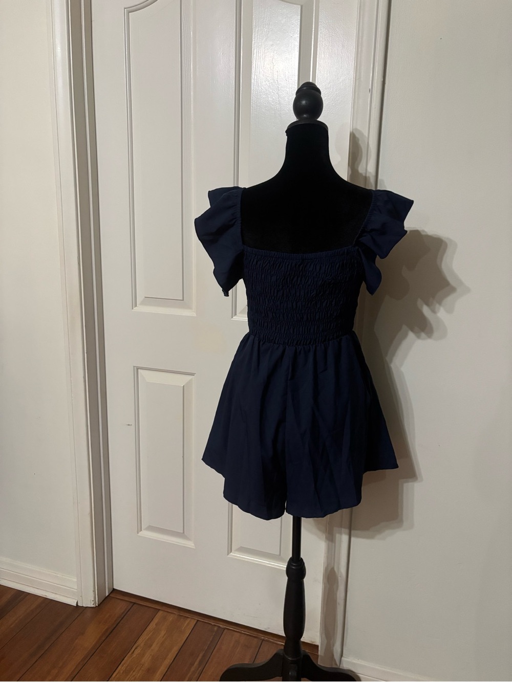 Navy Puff-Sleeve Smocked Women's romper